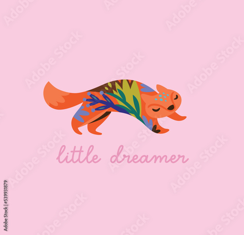 Sweet orange running fox character with flower inside. Vector illustration