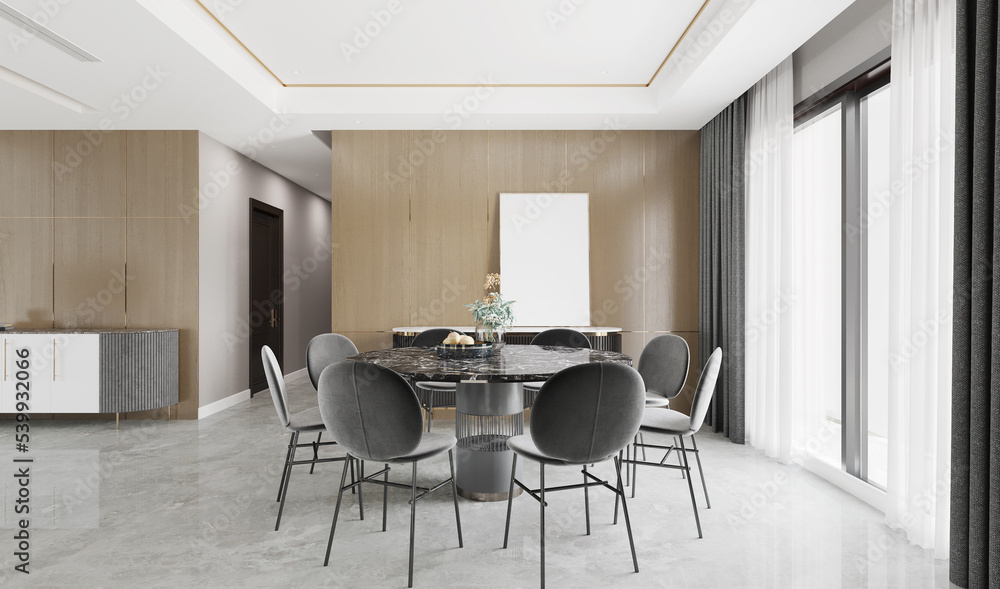 Interior of dining room in modern style, wall decorated with wood ,natural light from the large windows. 3D illustration Interior of dining room in modern style, wall decorated with wood ,natural light from the large windows. 3D illustration