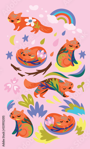 Romantic set of cute foxes with floral elements. Vector illustration