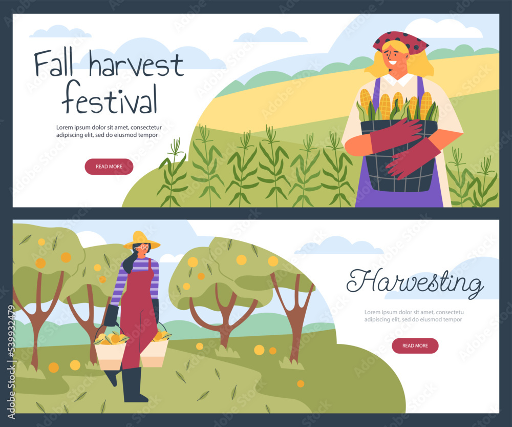 Fall harvest festival web banners set, flat vector illustration. Fall harvest festival web banners set, flat vector illustration.