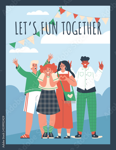 Poster with happy boys and girls flat style, vector illustration