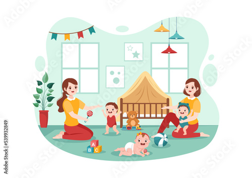 Babysitter or Nanny Services to Care for Provide for Baby Needs and Play with Children on Flat Cartoon Hand Drawn Template Illustration