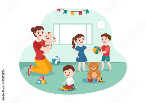 Babysitter or Nanny Services to Care for Provide for Baby Needs and Play with Children on Flat Cartoon Hand Drawn Template Illustration