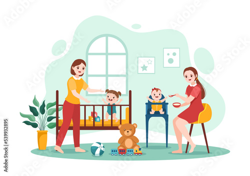 Babysitter or Nanny Services to Care for Provide for Baby Needs and Play with Children on Flat Cartoon Hand Drawn Template Illustration