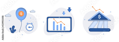 Financial crisis illustration set. Suffering from inflation, financial loss, economical and investment problems. Stock market crash, speculative financial bubble and recession. 3d vector illustration.