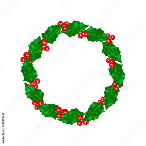 Christmas wreath of holly leaves and berries. Round Christmas frame with ilex aquifolium green leaves and red berries. Christmas winter pattern decor. Xmas illustration