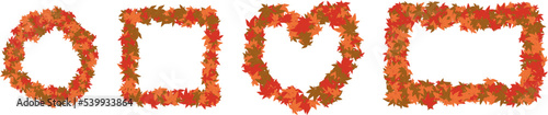 Autumn leaves border with different shape. Cute border circle square rectangle heart shape. Vector illustration.