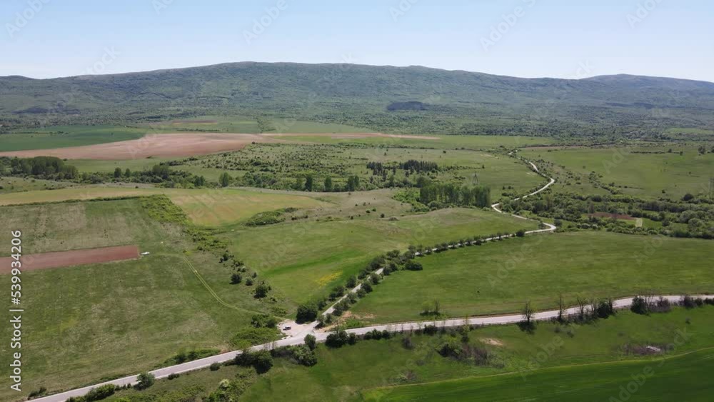 Spring Aerial view of rural land near town of Godech, Sofia region, Bulgaria Spring Aerial view of rural land near town of Godech, Sofia region, Bulgaria