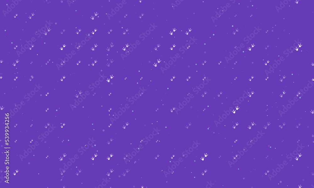 Seamless background pattern of evenly spaced white frog tracks symbols of different sizes and opacity. Vector illustration on deep purple background with stars Seamless background pattern of evenly spaced white frog tracks symbols of different sizes and opacity. Vector illustration on deep purple background with stars