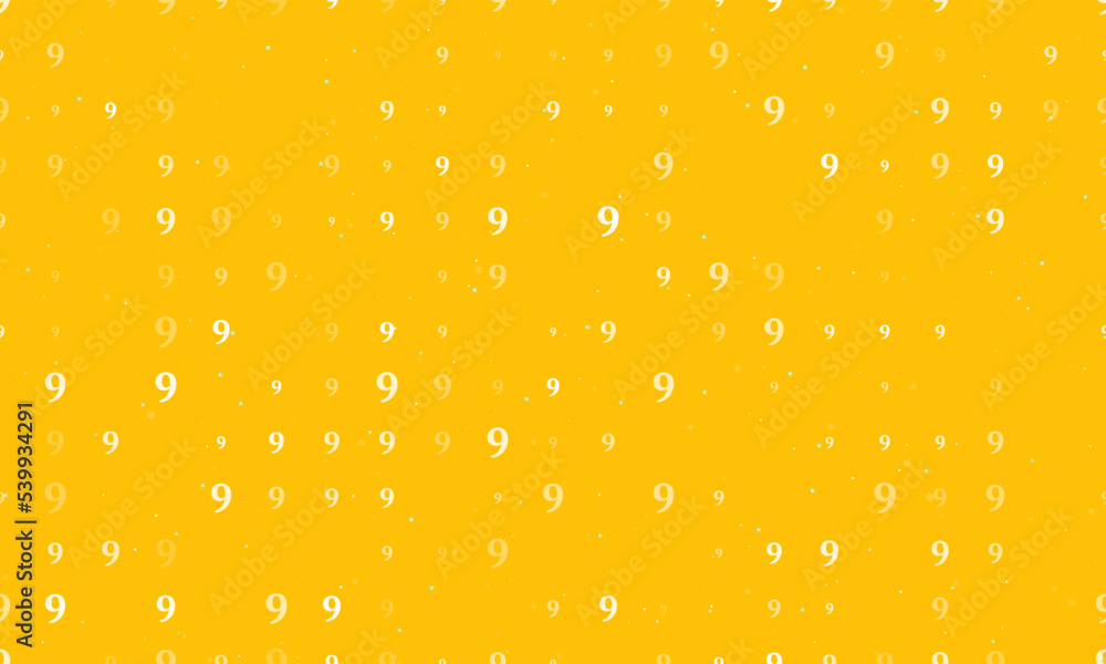 Seamless background pattern of evenly spaced white number nine symbols of different sizes and opacity. Vector illustration on amber background with stars Seamless background pattern of evenly spaced white number nine symbols of different sizes and opacity. Vector illustration on amber background with stars