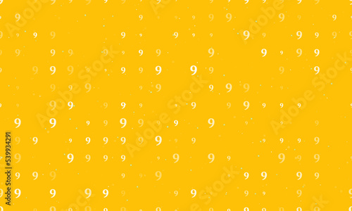 Seamless background pattern of evenly spaced white number nine symbols of different sizes and opacity. Vector illustration on amber background with stars