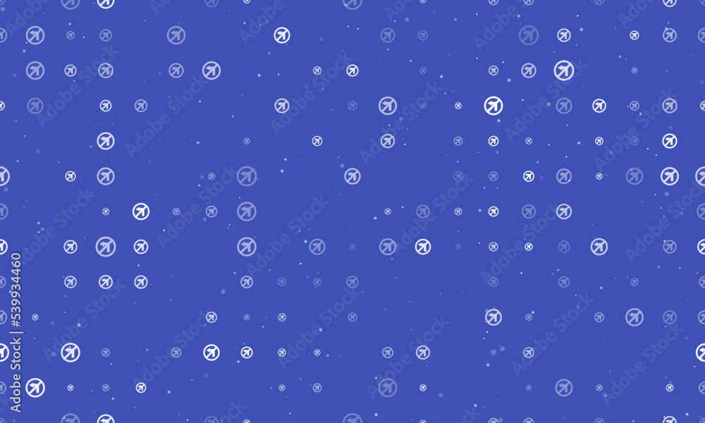 Seamless background pattern of evenly spaced white no left turn signs of different sizes and opacity. Vector illustration on indigo background with stars Seamless background pattern of evenly spaced white no left turn signs of different sizes and opacity. Vector illustration on indigo background with stars
