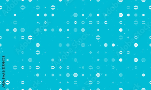 Seamless background pattern of evenly spaced white no entry road signs of different sizes and opacity. Vector illustration on cyan background with stars