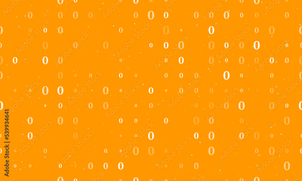 Seamless background pattern of evenly spaced white number zero symbols of different sizes and opacity. Vector illustration on orange background with stars Seamless background pattern of evenly spaced white number zero symbols of different sizes and opacity. Vector illustration on orange background with stars