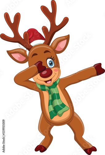 Cartoon dabbing deer with santa hat and scarf