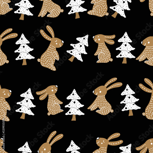 Christmas rabbits and christmas tree. Cute seamless pattern can be used for wallpaper, pattern fills, web page background, surface textures.