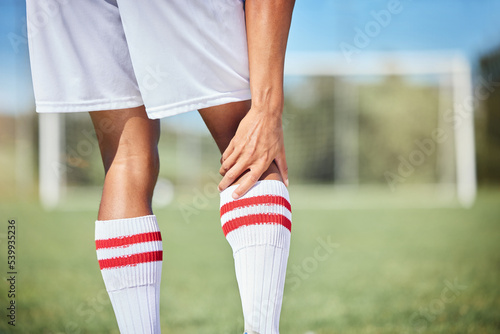 Sports, soccer player and man with knee injury, torn muscle or strain after game, competition or fitness practice. Exercise, grass pitch workout or football training accident for athlete legs in pain © Beaunitta V W/peopleimages.com