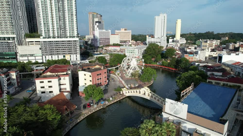 Malacca, Malaysia - October 16, 2022: Aerial View of the Malacca River Cruise Malacca, Malaysia - October 16, 2022: Aerial View of the Malacca River Cruise