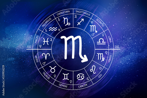 Scorpio zodiac sign. Abstract night sky background. Scorpio icon on blue space background