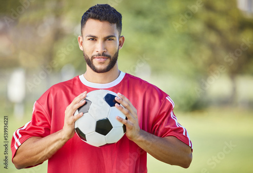 Sports, motivation and portrait of soccer player confident for game, match competition or fitness practice. Winner mindset, athlete focus and football man ready for training, fitness or exercise run