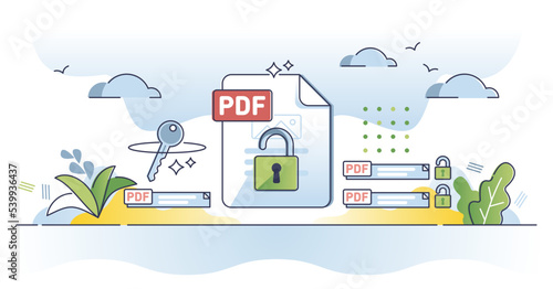 Unlock PDF format and edit locked text file with software tool outline concept. Digital document encryption and safe information editing application vector illustration. Open blocked spreadsheet file.