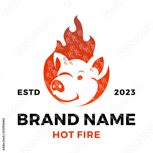 Vintage hipster hot pig in flame vector icon illustration