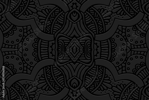 Embossed black background, ethnic cover design. Press paper, boho style with handmade elements. Tribal geometric 3d pattern, fantasy texture of East, Asia, India, Mexico, Aztecs, Peru.