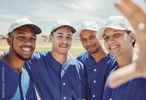 Photography Baseball, selfie and team on a field for a game, training or exercise