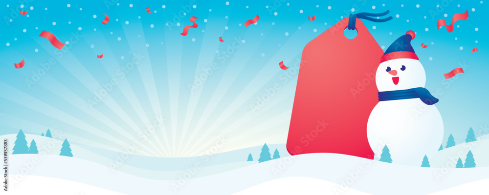 winter scene banner background with cute snowman and price tag ...
