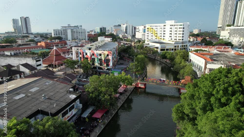 Malacca, Malaysia - October 16, 2022: Aerial View of the Malacca River Cruise Malacca, Malaysia - October 16, 2022: Aerial View of the Malacca River Cruise