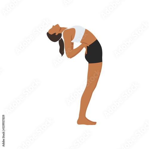 Woman doing Standing Backbend. Beautiful girl practice Anuvittasana. Flat vector illustration isolated on white background