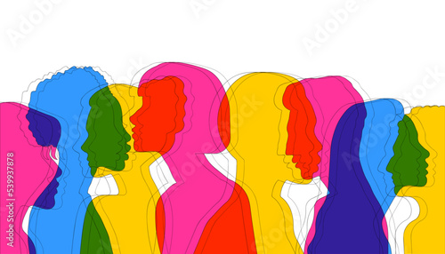 Collage Silhouette group of people profiles. Group side silhouette men and women of diverse culture and different countries. Harmony friendship integration. Racial equality	