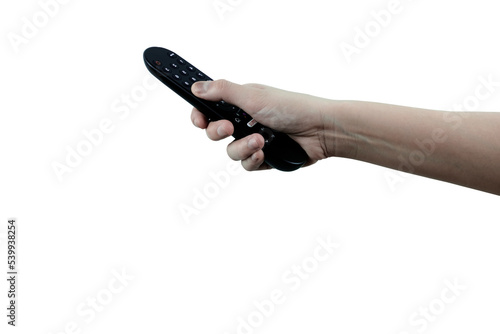้Top view hand holding audio and tv remote control isolate on white background with clipping path