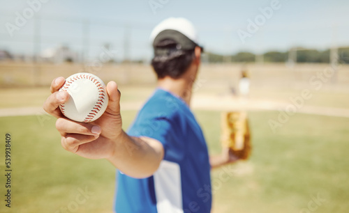Baseball, pitcher training and baseball player workout on field outdoors. Athlete man fitness motivation, professional sports health and wellness exercise with ball or getting ready for softball game
