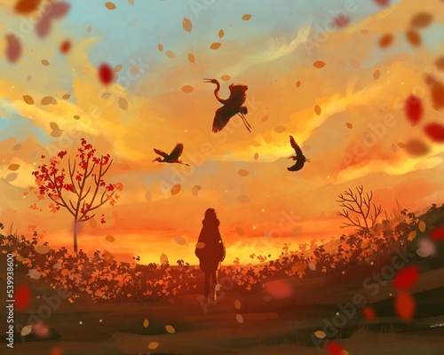 Silhouette of a girl on the background of an autumn sunset