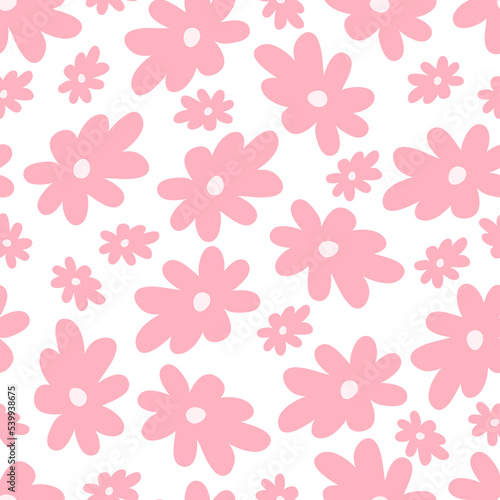 Seamless pattern with hand drawn cute pink flowers on a white background. Doodle, simple flat illustration. It can be used for decoration of textile, paper.