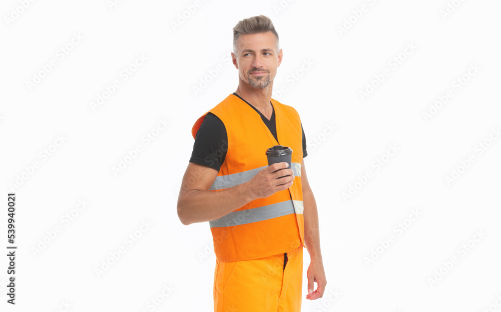 smiling studio shot of man worker. mature man worker on coffee break isolated on white. smiling studio shot of man worker. mature man worker on coffee break isolated on white.