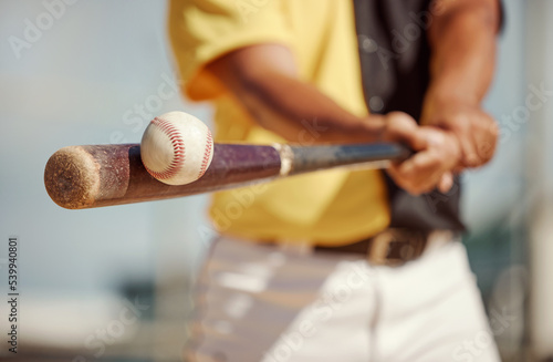 Photos Baseball, bat and ball being hit on a field at a sports training, practice or competition game