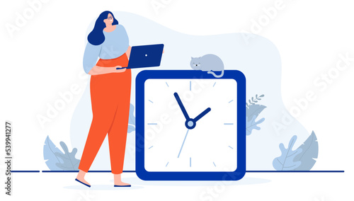 Work time woman - Businesswoman with computer working against the clock. Hour and timing concept. Flat design cartoon vector illustration with white background