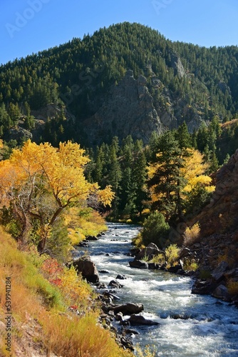 Beautiful fall scene with a mountain backdrop next to the south platte river in waterton canyon, littleton, colorado 