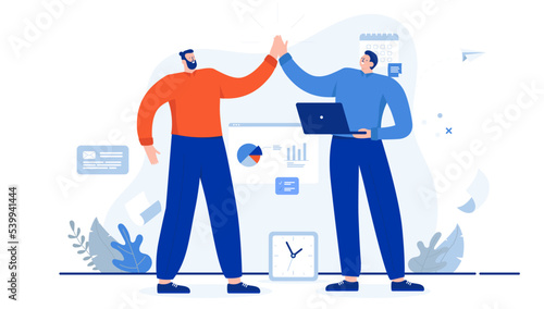 High five at work - Two people in office greeting and giving approval by clapping hands together, smiling and staying positive. Encouragement concept, flat design cartoon vector illustration