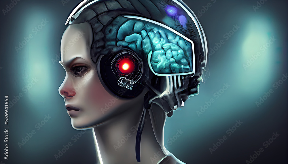 Obraz premium Big data and artificial intelligence concept. Machine learning and cyber mind domination concept. Robot cyborg. 3D illustration