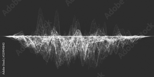 Gray and white abstract wireframe sound waves, visualization of frequency signals audio wavelengths, conceptual futuristic technology waveform background with copy space for text