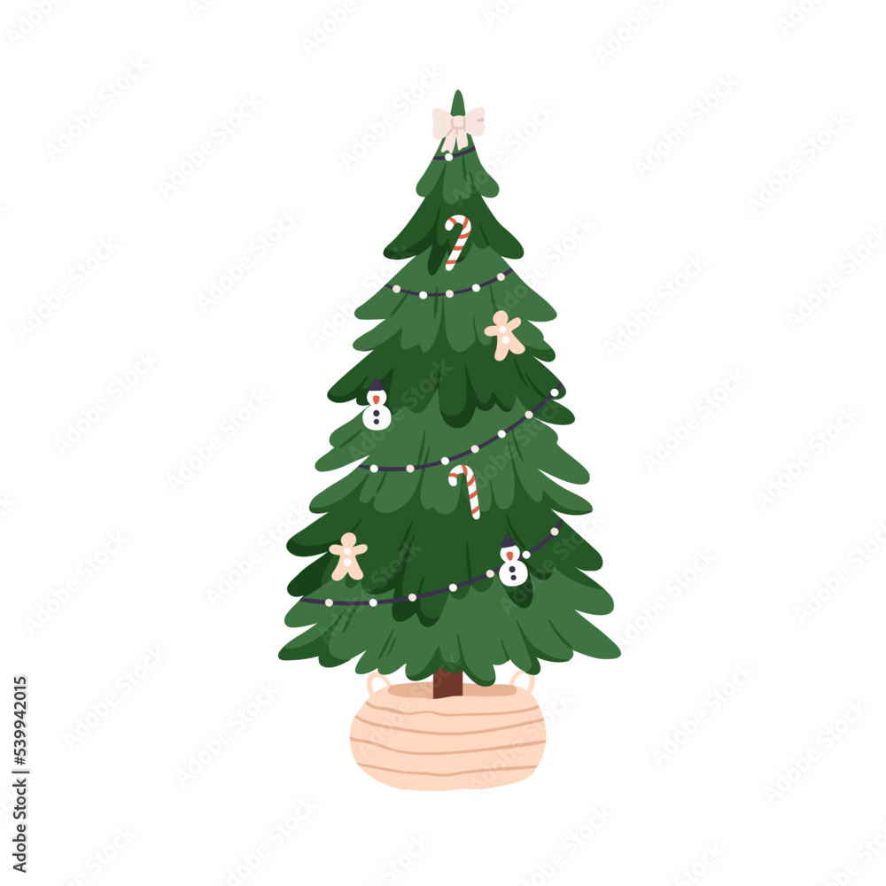 Xmas tree decorated with garland, baubles. Christmas fir growing in wicker basket. Traditional live firtree with festive ornament, toys, candies. Flat vector illustration isolated on white background - obrazy, fototapety, plakaty 