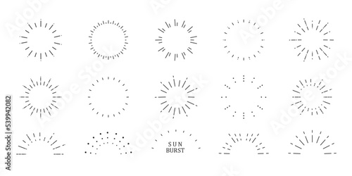 シンプル サンバースト デザイン _ ベクター 素材 セット 線画 モノトーン
