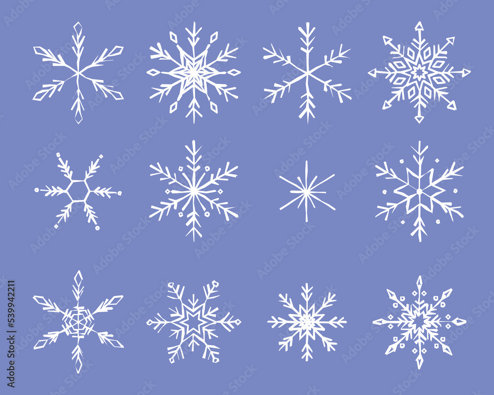 Snowflakes set. Snowflakes collection for design Christmas and New Year banner and cards. Winter set of white snowflakes isolated on purple background. Vector illustration Snowflakes set. Snowflakes collection for design Christmas and New Year banner and cards. Winter set of white snowflakes isolated on purple background. Vector illustration