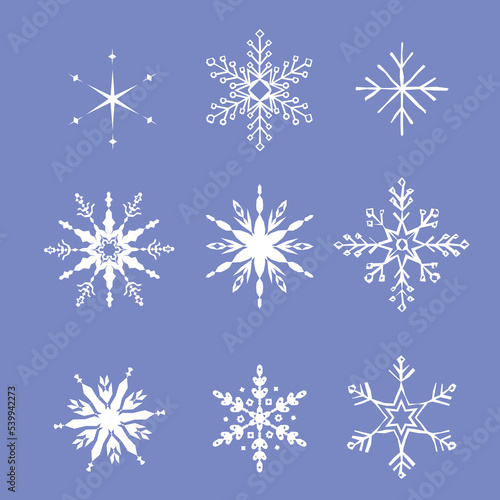 Snowflakes set. Snowflakes collection for design Christmas and New Year banner and cards. Winter set of white snowflakes isolated on purple background. Vector illustration