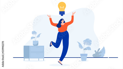 Woman with great idea - Female character jumping and celebrating with light bulb above head. Flat design cartoon vector illustration with white background