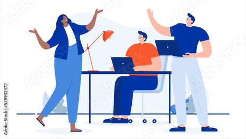 Happy office people working - Workers doing job, talking and socialising at the workplace. Flat design cartoon vector illustration with white background
