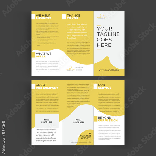 trifold brochure flat clean double side, flyer, leaflet. Vector design background, use for information, marketing, promotion, advertising, and corporate. Yellow color  and white. A4 size.
